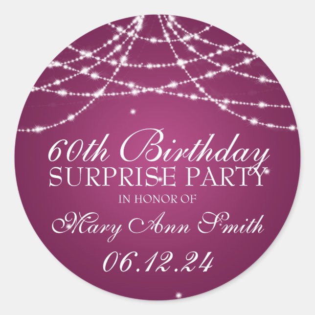 Surprise Birthday Party String of Stars Pink Classic Round Sticker (Front)