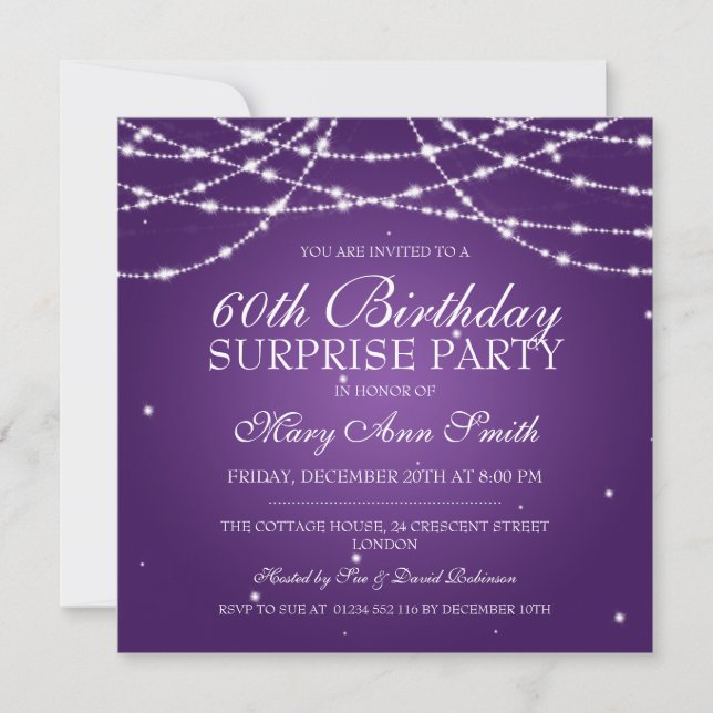 Surprise Birthday Party String of Stars Purple Invitation (Front)