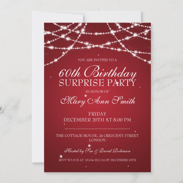 Surprise Birthday Party String of Stars Red Invitation (Front)