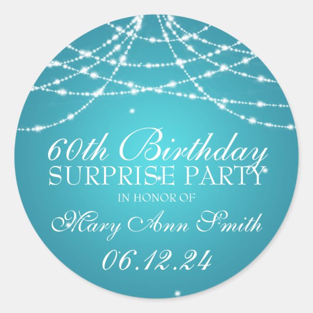 Surprise Birthday Party String of Stars Turquoise Classic Round Sticker (Front)