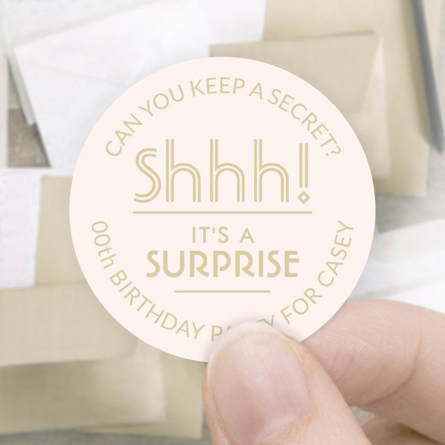 Surprise Birthday Party Stylish Blush Pink & Gold Classic Round Sticker (Creator Uploaded)