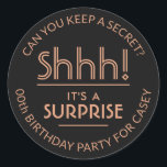 Surprise Birthday Party Stylish Copper and Black Classic Round Sticker<br><div class="desc">Add an elegant personalised touch to surprise birthday party invitations, decorations, and favours with custom stylish black and copper colour stickers / envelope seals. All text on these labels is simple to customise for any year birthday or for another occasion, such as a wedding anniversary, retirement, or going away party....</div>