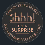 Surprise Birthday Party Stylish Copper and Black Classic Round Sticker<br><div class="desc">Add an elegant personalised touch to surprise birthday party invitations, decorations, and favours with custom stylish black and copper colour stickers / envelope seals. All text on these labels is simple to customise for any year birthday or for another occasion, such as a wedding anniversary, retirement, or going away party....</div>