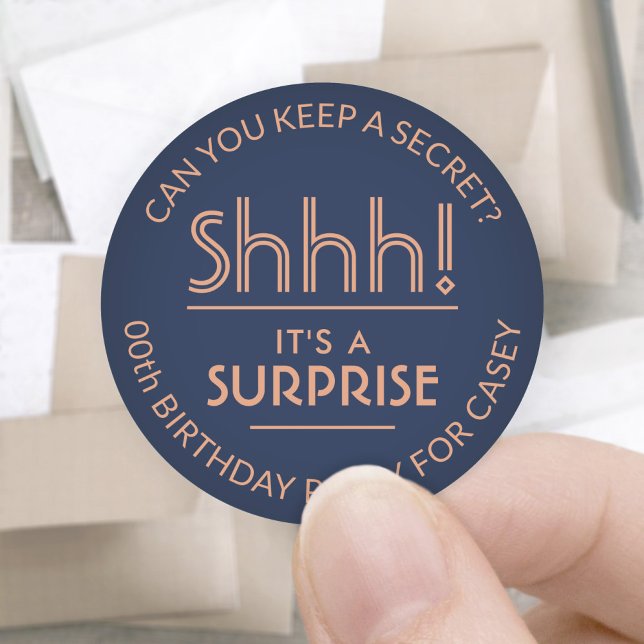 Surprise Birthday Party Stylish Copper & Navy Blue Classic Round Sticker (Creator Uploaded)