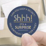 Surprise Birthday Party Stylish Navy Blue and Gold Classic Round Sticker<br><div class="desc">Add an elegant personalised touch to surprise birthday party invitations, decorations, and favours with stylish custom navy blue and gold stickers / envelope seals. All text on these labels is simple to customise for any year birthday or for another occasion, such as a wedding anniversary, retirement, or going away party....</div>