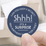 Surprise Birthday Party Stylish Navy Blue & White Classic Round Sticker<br><div class="desc">Add an elegant personalised touch to surprise birthday party invitations, decorations, and favours with stylish custom navy blue and white stickers / envelope seals. All text on these labels is simple to customise for any year birthday or for another occasion, such as a wedding anniversary, retirement, or going away party....</div>