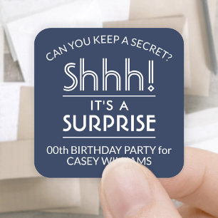 Surprise Birthday Party Stylish Navy Blue & White Square Sticker