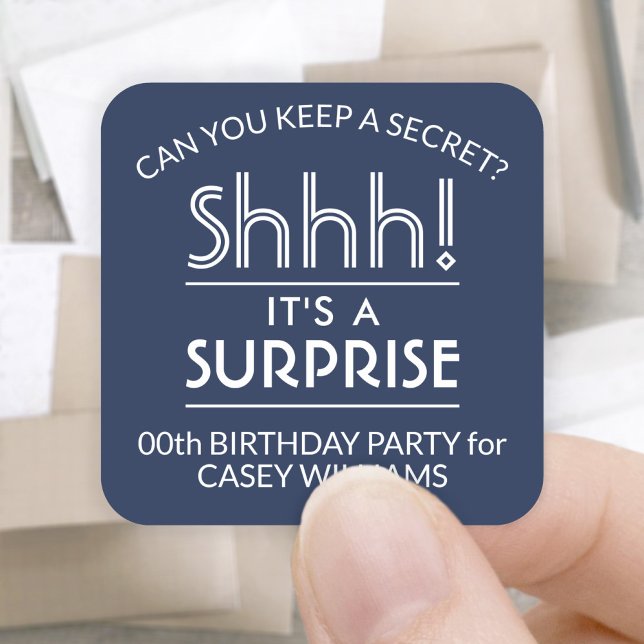 Surprise Birthday Party Stylish Navy Blue & White Square Sticker (Creator Uploaded)