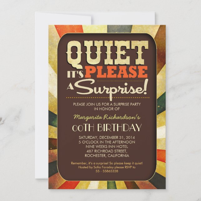 surprise birthday party vintage typography invites (Front)