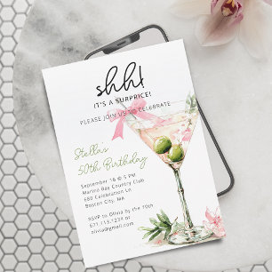 Surprise Birthday Party Watercolor Martini Glass Invitation