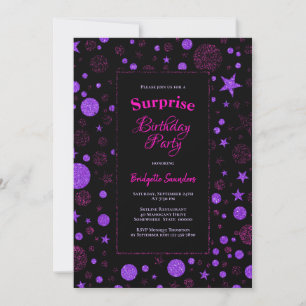 Surprise Birthday Purple and Black Party Invitation