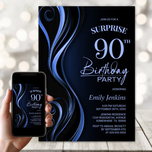Surprise Black and Blue 90th Birthday Party Invitation (Creator Uploaded)