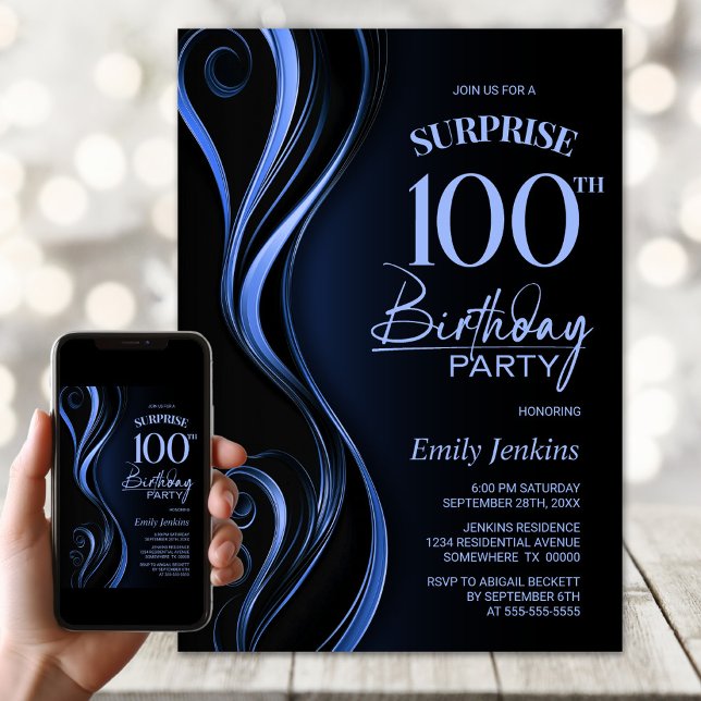Surprise Black Blue 100th Birthday Party Invitation (Creator Uploaded)