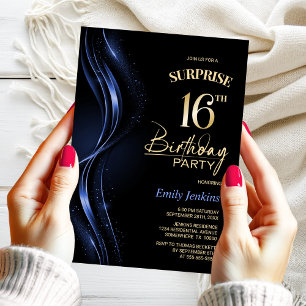 Surprise Black Blue 16th Birthday Party Invitation