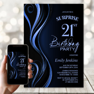 Surprise Black Blue 21st Birthday Party Invitation