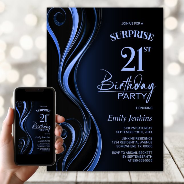 Surprise Black Blue 21st Birthday Party Invitation (Creator Uploaded)