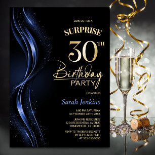 Surprise Black Blue 30th Birthday Party Invitation