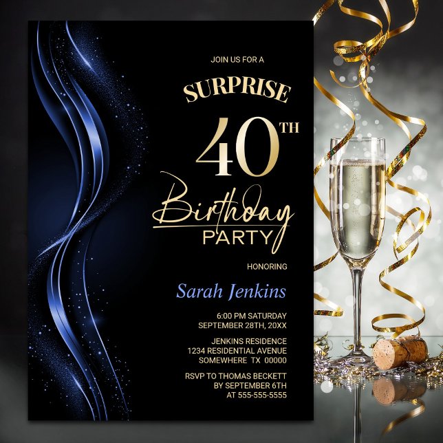 Surprise Black Blue 40th Birthday Party Invitation (Creator Uploaded)