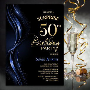 Surprise Black Blue 50th Birthday Party Invitation