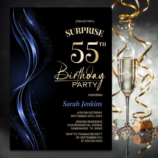 Surprise Black Blue 55th Birthday Party Invitation (Creator Uploaded)