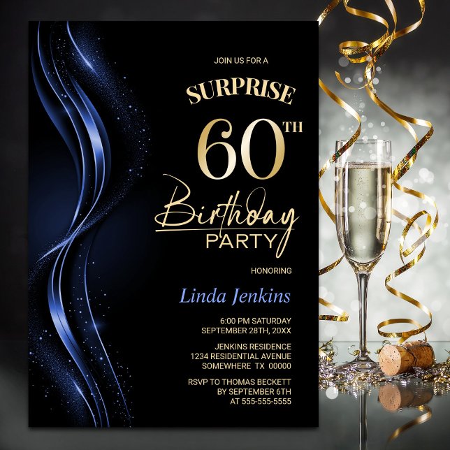Surprise Black Blue 60th Birthday Party Invitation (Creator Uploaded)