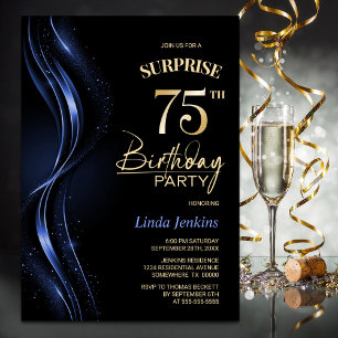 Surprise Black Blue 75th Birthday Party Invitation