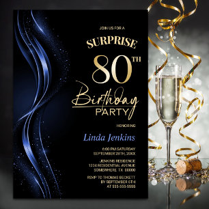 Surprise Black Blue 80th Birthday Party Invitation