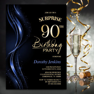 Surprise Black Blue 90th Birthday Party Invitation