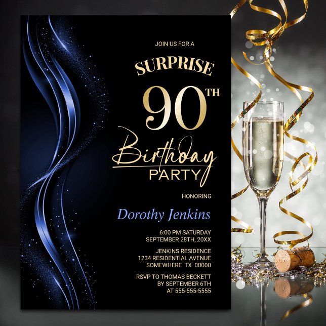 Surprise Black Blue 90th Birthday Party Invitation (Creator Uploaded)