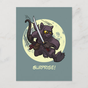 Surprise! Black Cat Ninja Flying Kick Cartoon Postcard