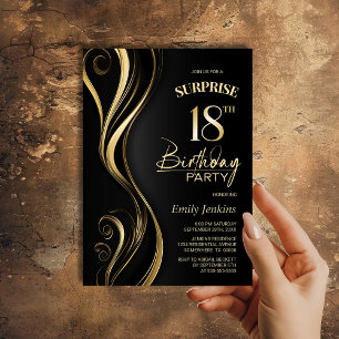Surprise Black Gold 18th Birthday Party Invitation