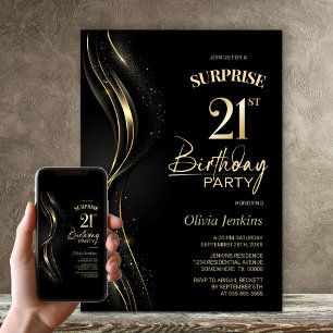 Surprise Black Gold 21st Birthday Party Invitation