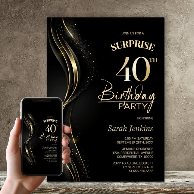 Surprise Black Gold 40th Birthday Party Invitation (Creator Uploaded)