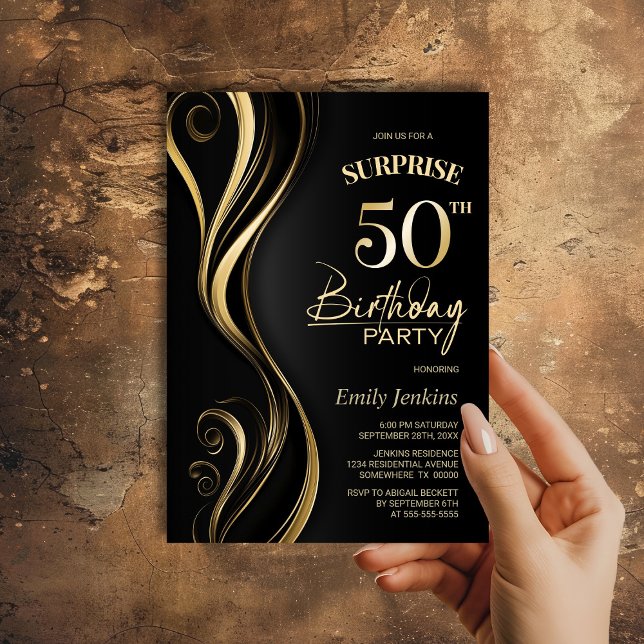Surprise Black Gold 50th Birthday Party Invitation (Creator Uploaded)