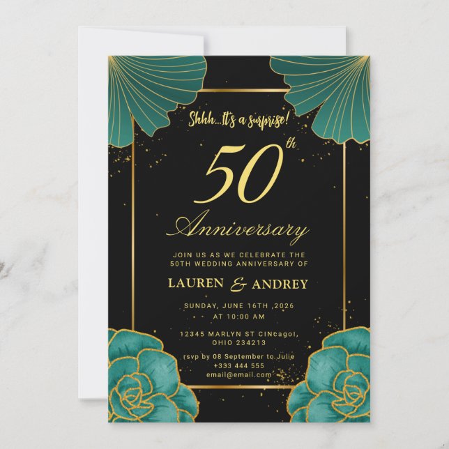 Surprise Black & Gold 50th Wedding Anniversary Invitation (Front)