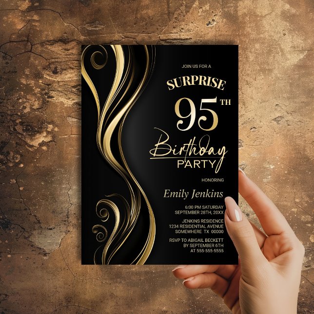 Surprise Black Gold 95th Birthday Party Invitation (Creator Uploaded)