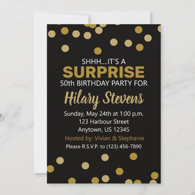Surprise Black & Gold Confetti Adult Birthday Invitation (Front)