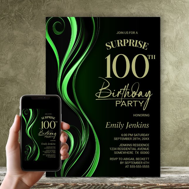 Surprise Black Green 100th Birthday Party Invitation (Creator Uploaded)