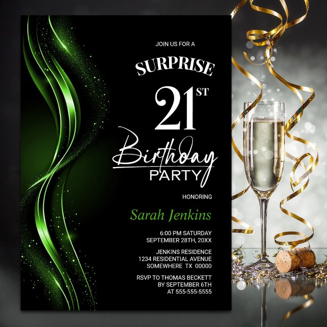 Surprise Black Green 21st Birthday Party Invitation (Creator Uploaded)