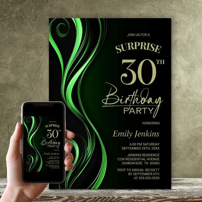Surprise Black Green 30th Birthday Party Invitation (Creator Uploaded)
