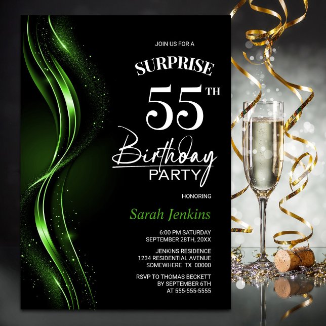 Surprise Black Green 55th Birthday Party Invitation (Creator Uploaded)