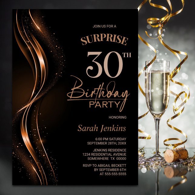 Surprise Black Orange 30th Birthday Party Invitation (Creator Uploaded)