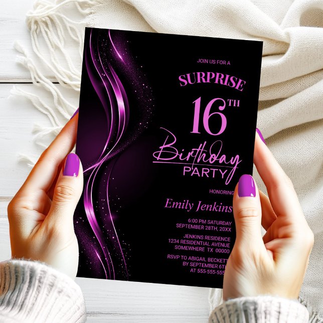 Surprise Black Pink 16th Birthday Party Invitation (Creator Uploaded)