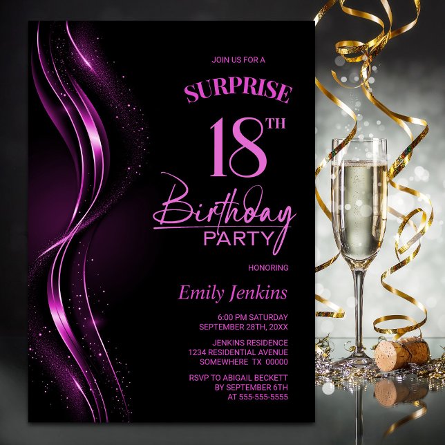 Surprise Black Pink 18th Birthday Party Invitation (Creator Uploaded)
