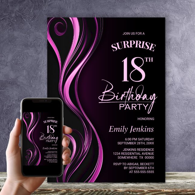 Surprise Black Pink 18th Birthday Party Invitation (Creator Uploaded)
