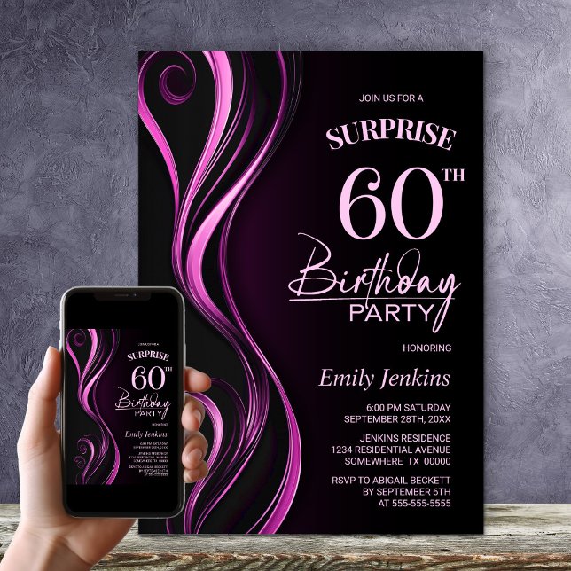 Surprise Black Pink 60th Birthday Party Invitation (Creator Uploaded)