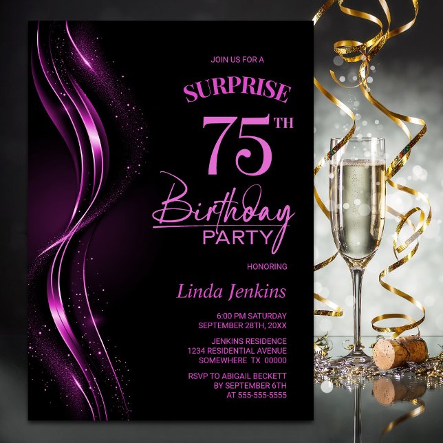 Surprise Black Pink 75th Birthday Party Invitation (Creator Uploaded)