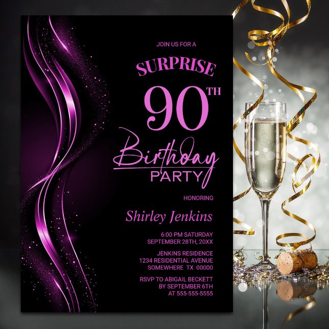 Surprise Black Pink 90th Birthday Party Invitation (Creator Uploaded)