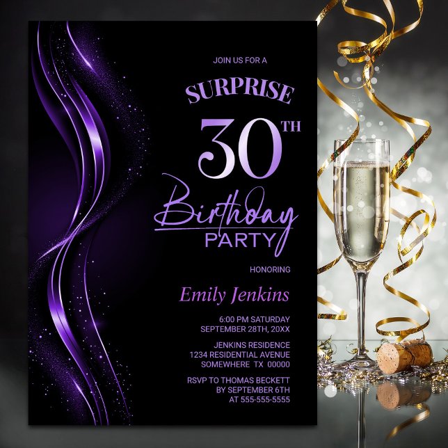 Surprise Black Purple 30th Birthday Party Invitation (Creator Uploaded)