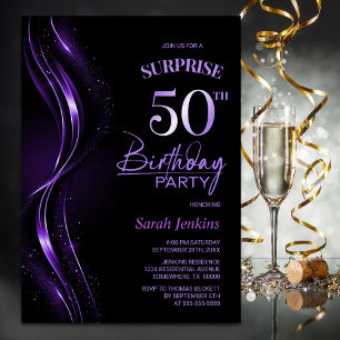 Surprise Black Purple 50th Birthday Party Invitation